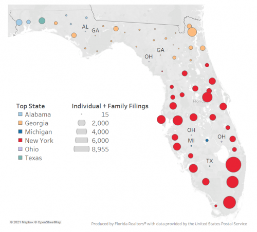 Florida map with circle graphs showing relocations